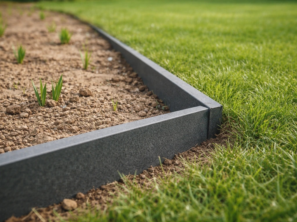 Nette ingegraven borderrand tussen bloemenperk en gazon, met strakke overloop en zichtbaar hoogteverschil.
