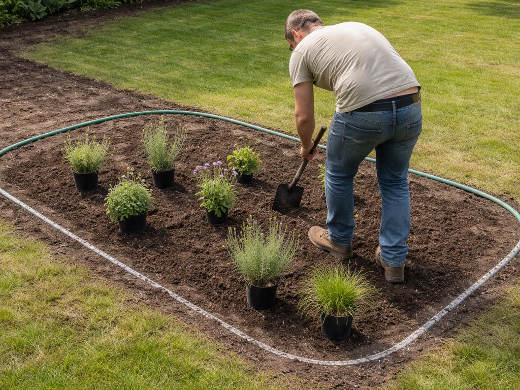 Persoon steekt vaste planten in het afgetekende perk met tuinslang en spuitkrijt in een rustige tuin