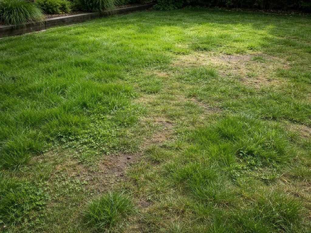 Tuingazon met ongelijkmatige groei: dichte groene plekken naast minder groen en wat open grond.