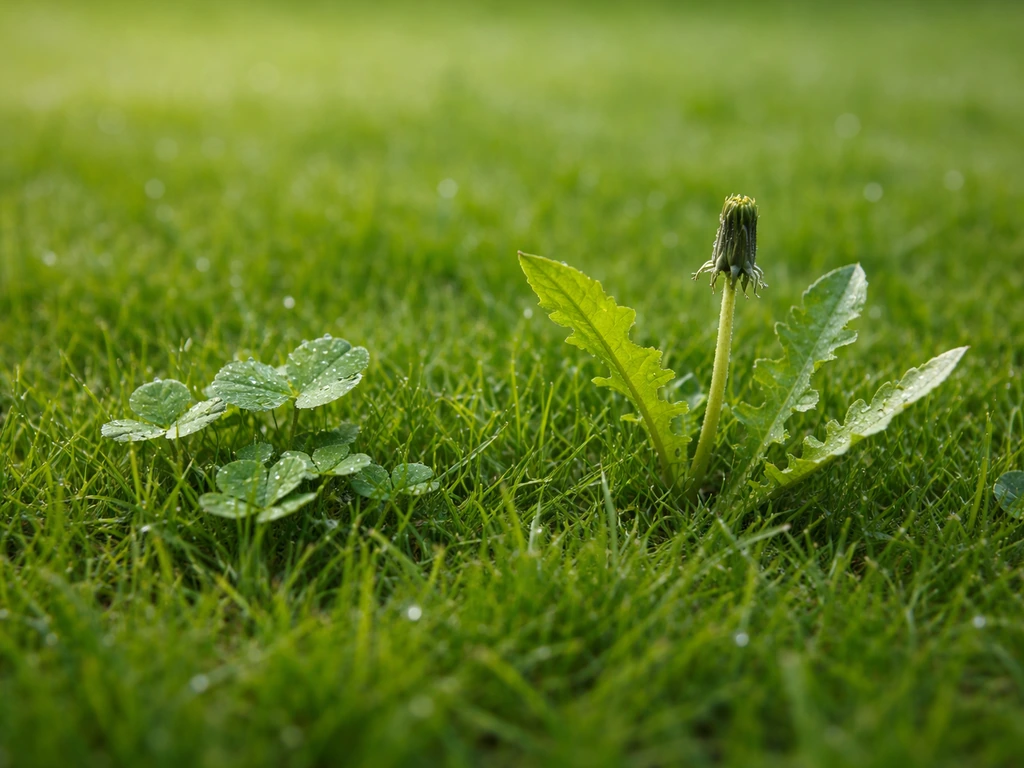 Groene gazon met zichtbare onkruidspruiten zoals klaver en paardenbloem tussen het gras.
