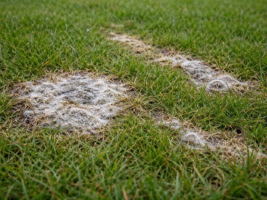 Close-up van een gazon met witgrijze schimmelplekken en kleine verkleurde strookjes na natte periode.
