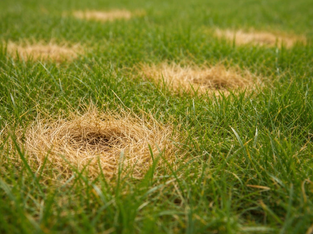 Close-up van gele grassprieten in een gazon met ronde vlekken tussen het groene gras.