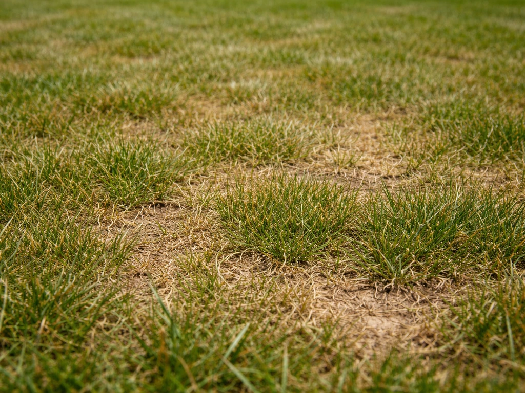 Close-up van gemaaid gras met duidelijk zichtbare te lage maaihoogte en vergeelde, gestreste pollen