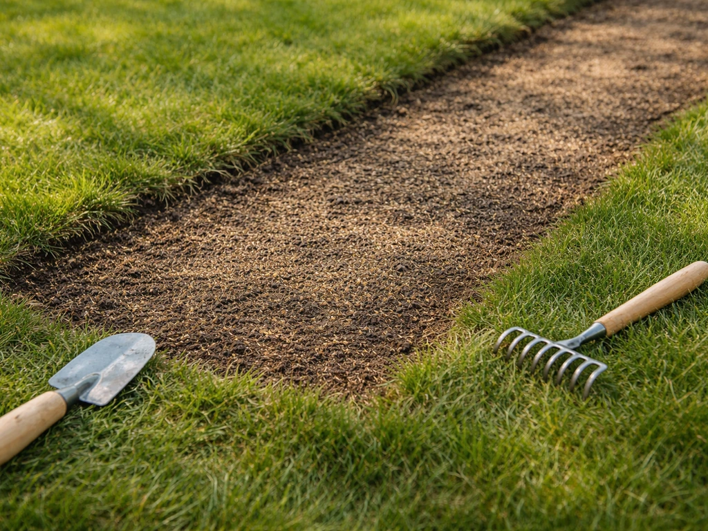 Voorbereide tuinplek waar dode grasresten zijn verwijderd en nieuw graszaad is ingezaaid.