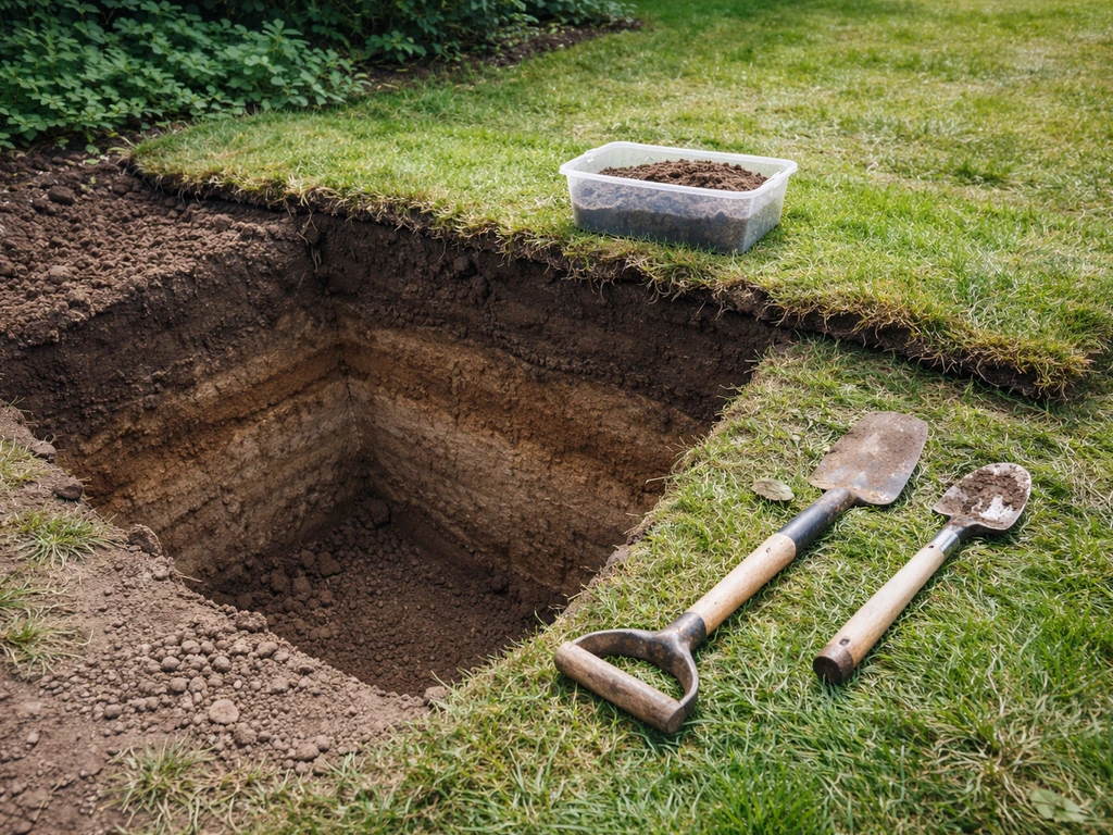 Uitgegraven bodemprofiel in een tuin met aardlagen en een schep, bedoeld voor bodemonderzoek.