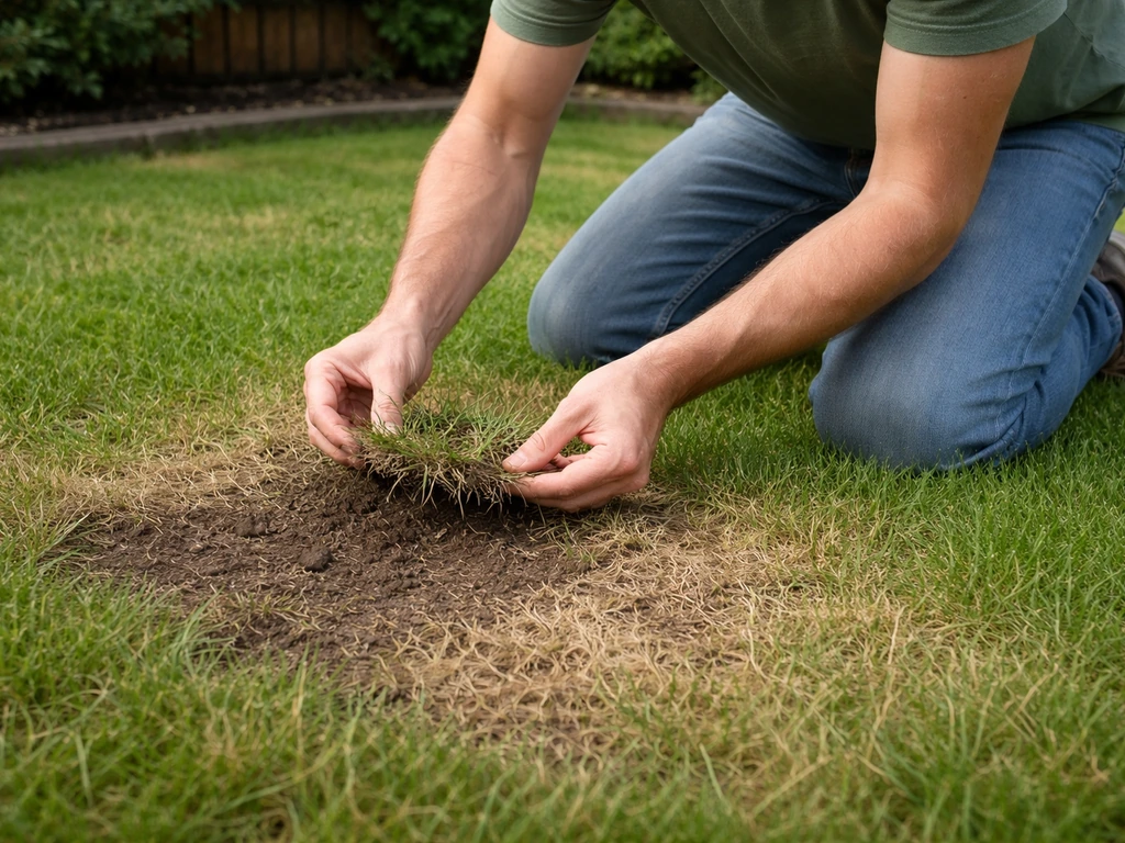 Iemand knielt bij een onregelmatige gazonplek en inspecteert de grond met de handen in daglicht.