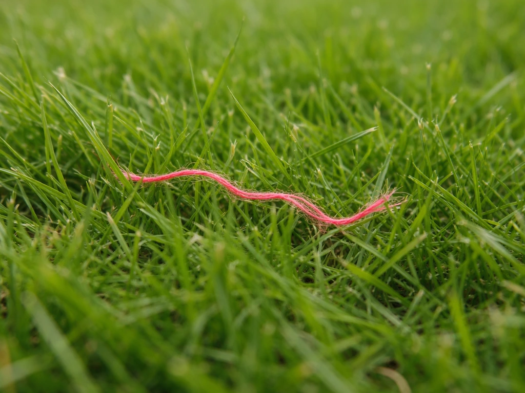Close-up van rooddraad in het gazon: roze-rode draadachtige plekken tussen grasbladen.