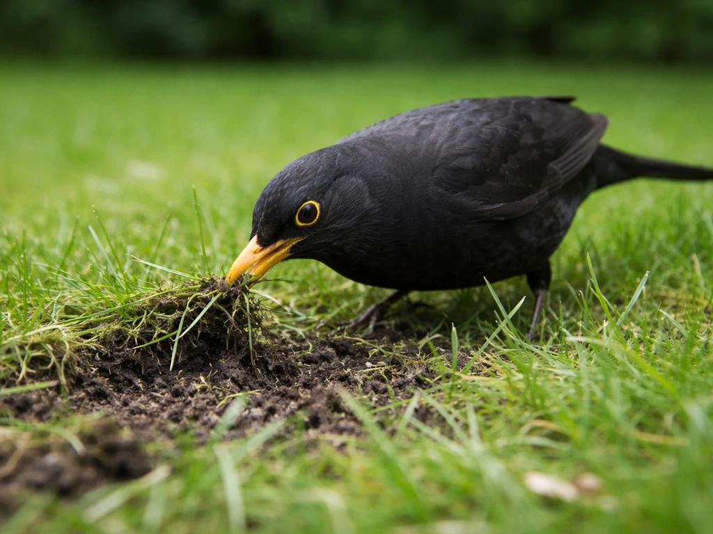 Merel in een Nederlands gazon die met zijn snavel grasmat omhoog trekt en kleine putjes maakt.