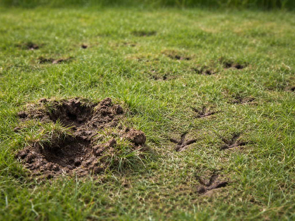 Gazon met duidelijke, bredere pootafdrukken en verdiept spoor van een kauw, naast enkele kleinere putjes