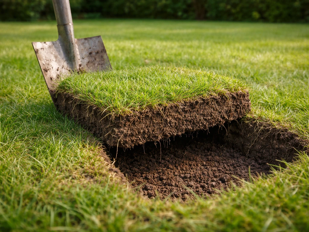 Opgetilde grasmat van 30x30 cm met spade, aarde zichtbaar in het gazon om op larven te controleren.