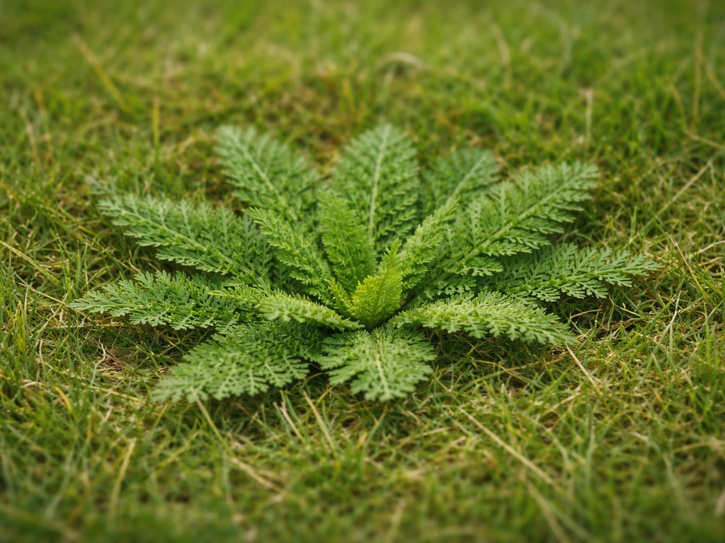 Duizendbladrozet met extreem fijn verdeelde blaadjes tussen het groene gazongras, dichtbij gefotografeerd.
