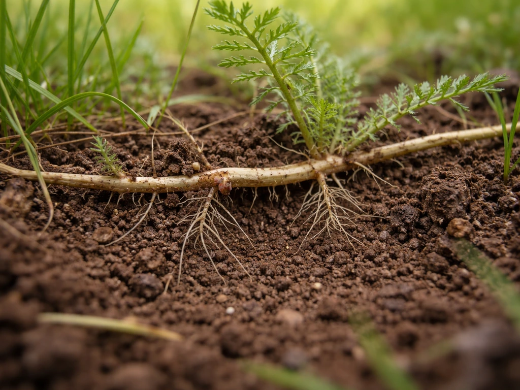 Close-up van duizendblad-achtige wortelstok met uitlopers net onder het grondoppervlak in grasrijke bodem.