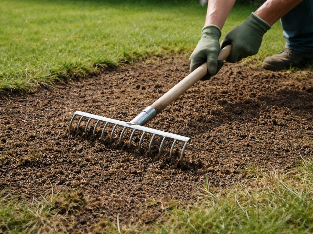 Tuinier die een gazondeel verticuteert met een verticuteerhark, waarbij vervilting en open bodem zichtbaar zijn.