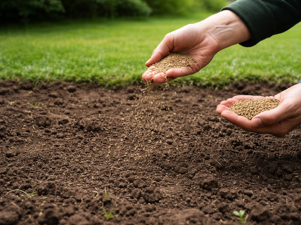 Hand die graszaad inzaait op open plek met omgewoelde grond na verwijdering in een tuin