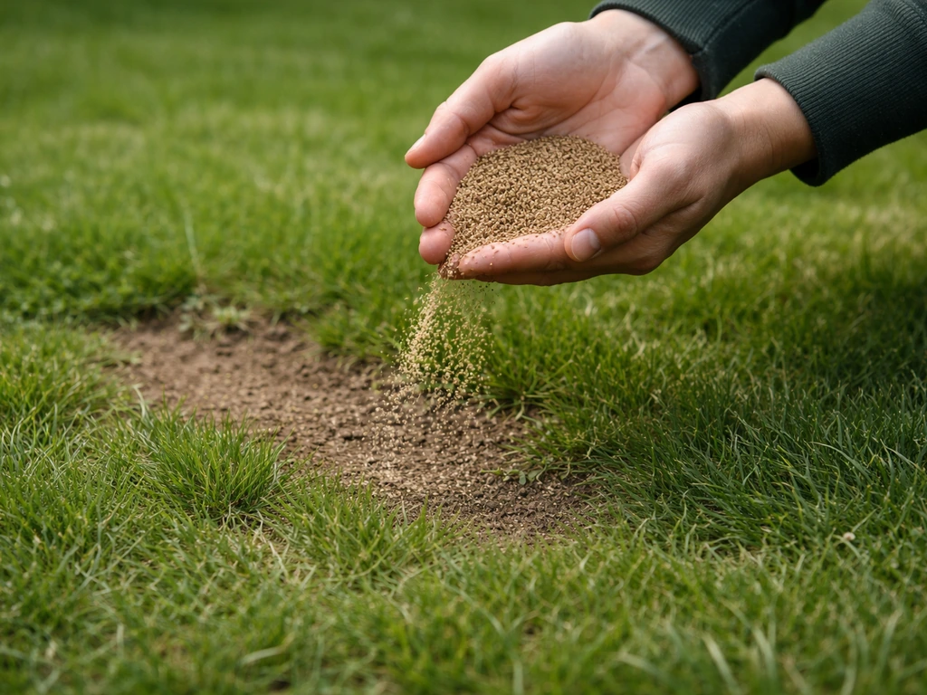 Handen die microklaverzaad gelijkmatig over een bestaand gazon uitstrooien, met kale plek op de achtergrond.