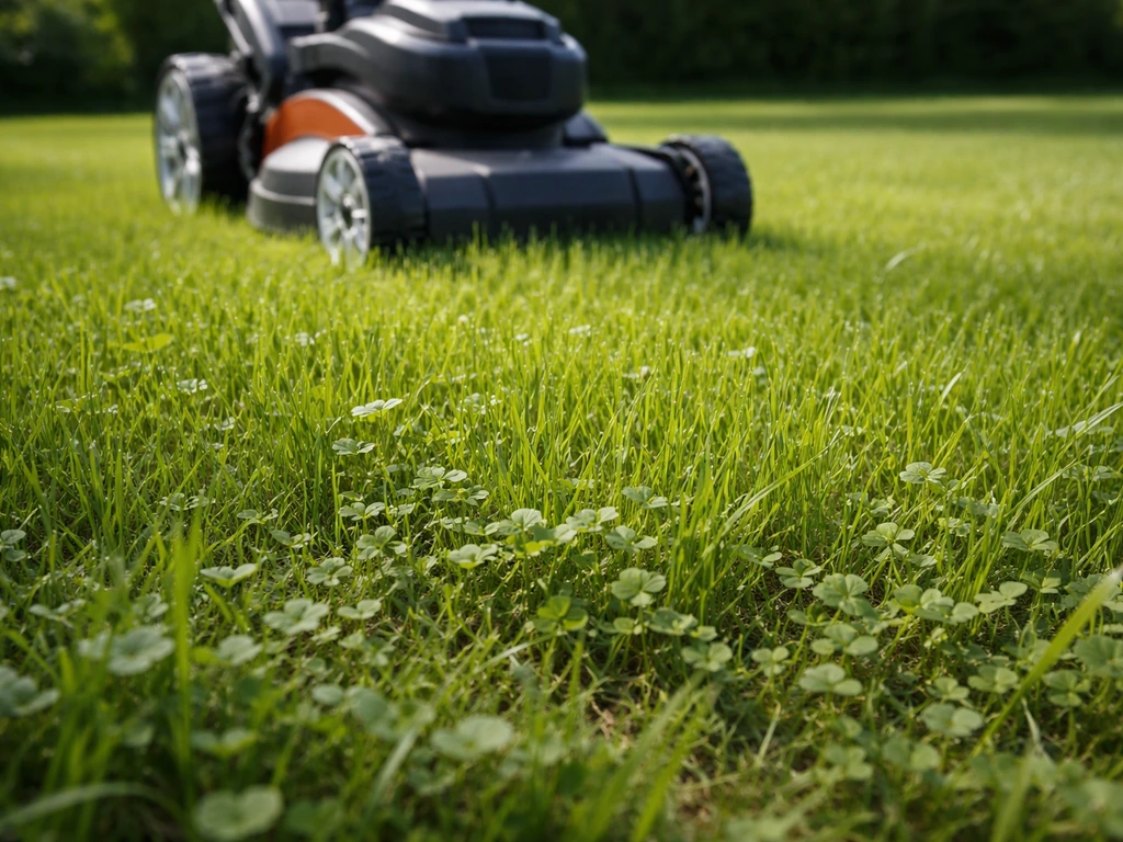 Maaier op hoge stand die een jong gazon met microklaver-kiemplantjes spaart, zichtbaar op ca. 6 cm.