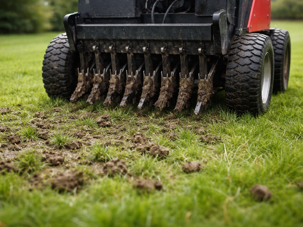Beluchtingsmachine trekt gaten in een verdicht gazon, met zichtbaar losgekomen gras en aarde.