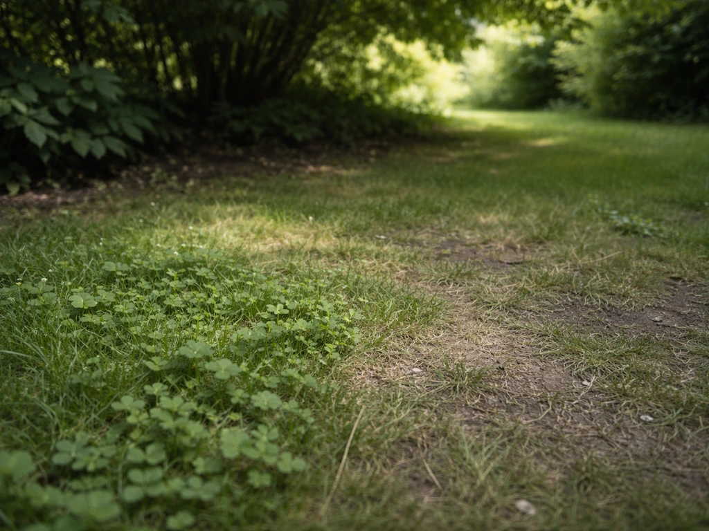Schaduwrijke hoek van een tuin: ijler wordend gras met klaver tussen het groen en bomen op de achtergrond.