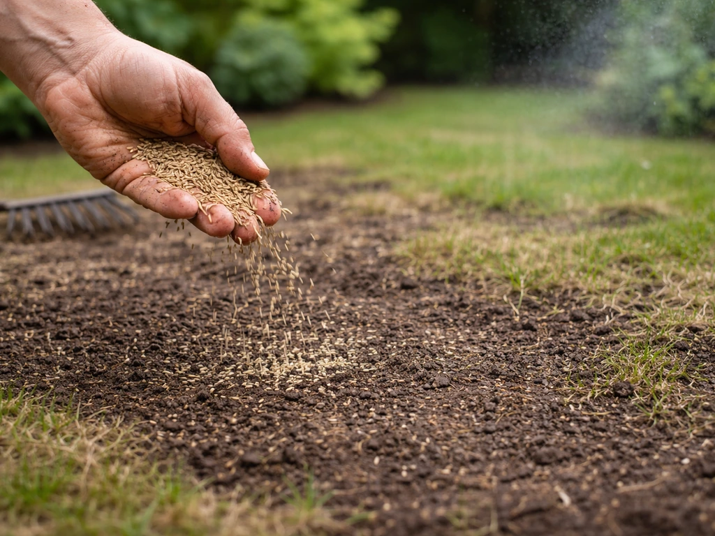 Hand strooit graszaad over kale tuinplek, licht afgedekt en vers beregend met zichtbaar nieuw zaad