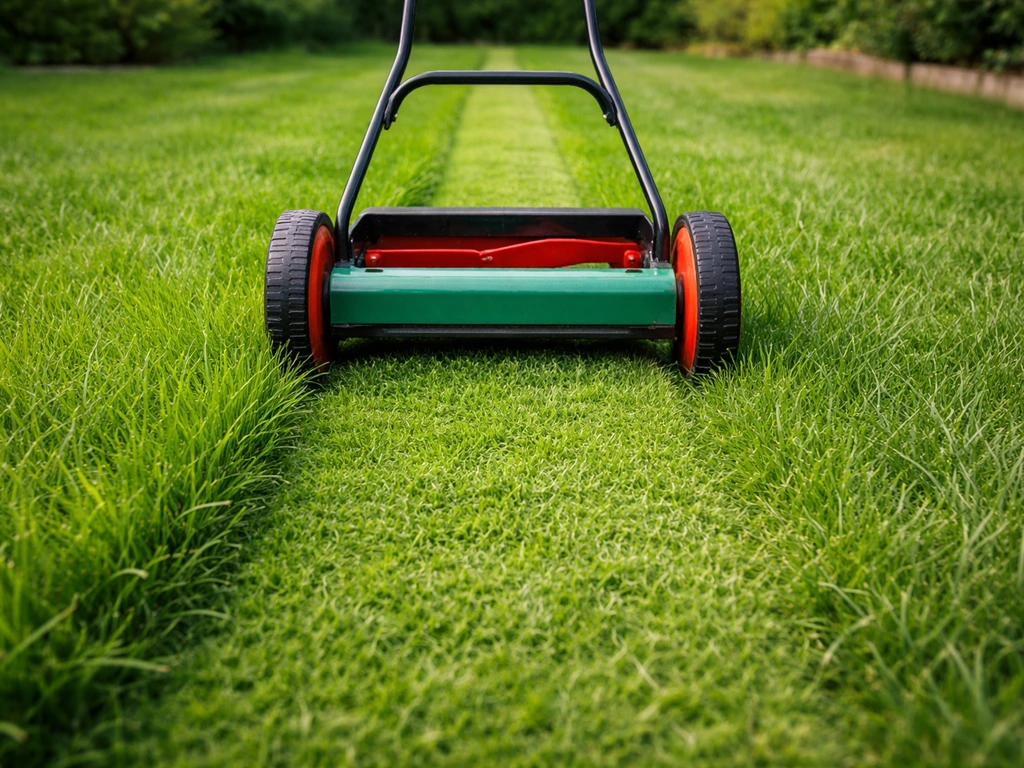 Gasmaaier op een tuinpad; vers gemaaid gras met maaispoor en langere sprieten ernaast.