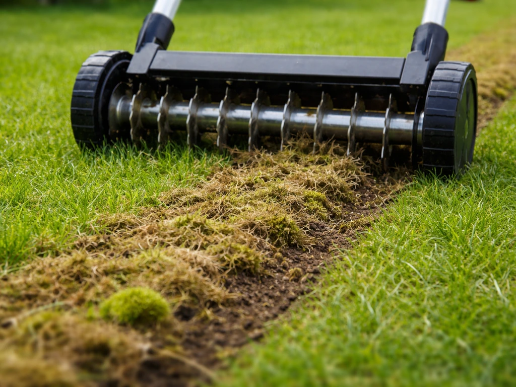 Iemand verticuteert een gazon; een verticuteerrol snijdt door vilt en laat mosresten los tussen het gras.