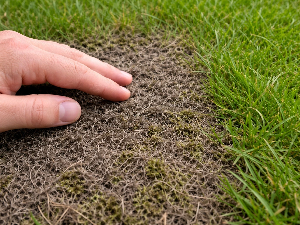 Close-up van gras met een zichtbare viltlaag van dode resten en mos, naast gezond groen gras.
