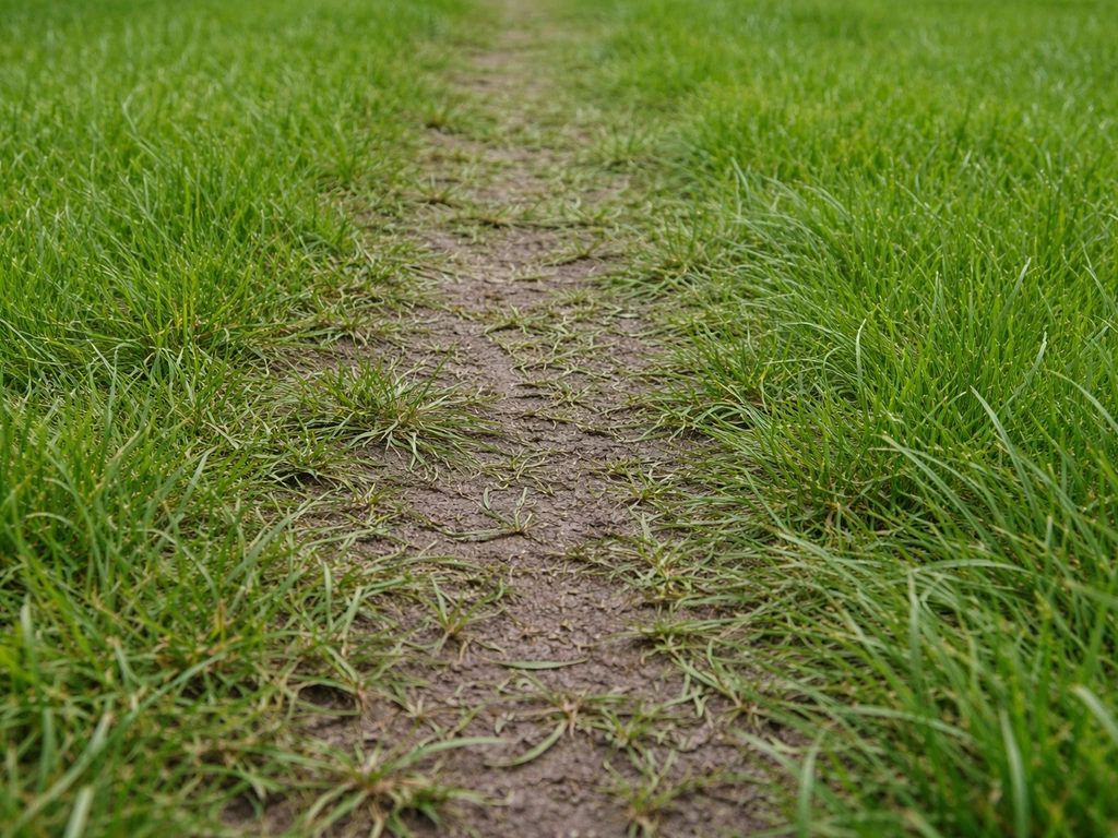 Close-up van een gazonstrook met samengedrukte graszoden en minder luchtigheid door herhaald belopen