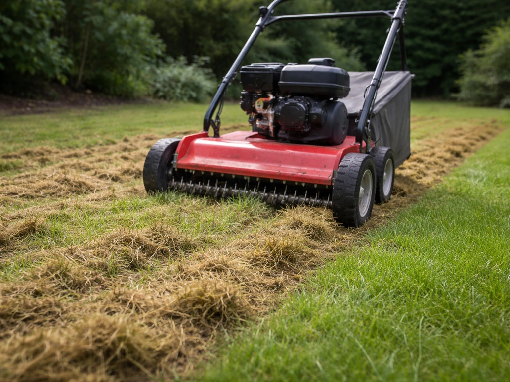Verticuteermachine in een Nederlandse tuin die vilt losmaakt van het gazon, zichtbaar verse grassprieten.