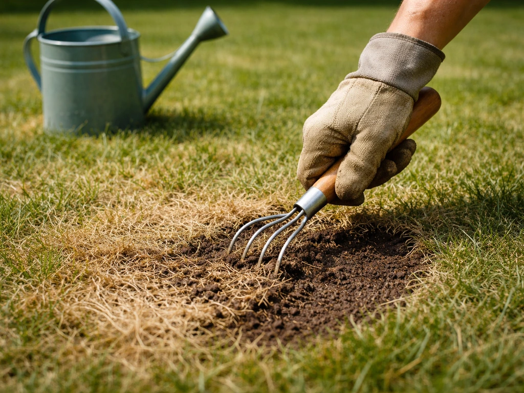 Hand schraapt dood gras uit een kale plek in het gazon en maakt de grond klaar voor herstel