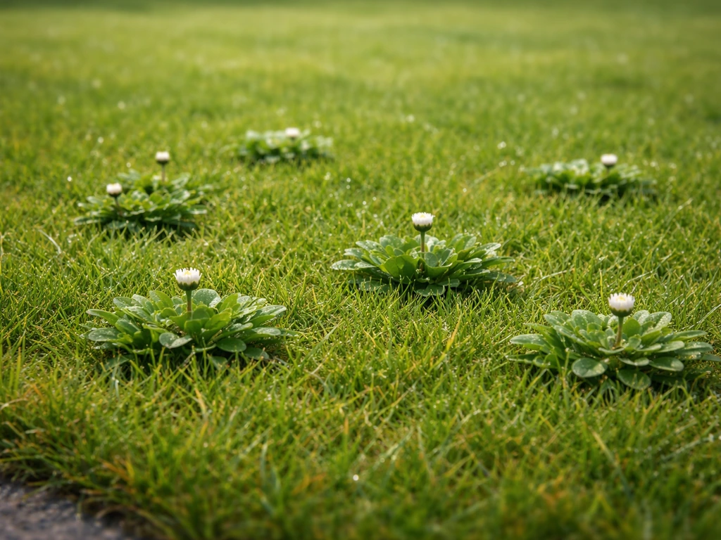 Een dicht gazon met jonge madeliefjes-rozetten die tussen het gras opkomen, realistische dichtheid.