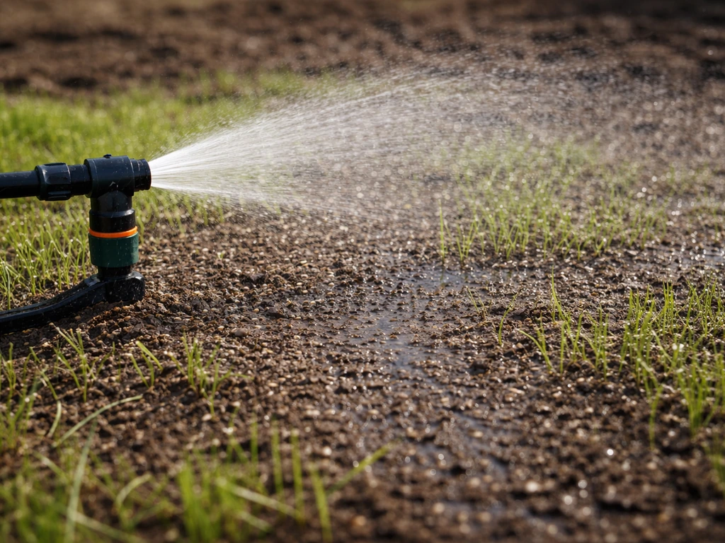 Fijnbesproeide tuinbodem met kiemend gras, geen plassen, waterdruppels van een sproeikop