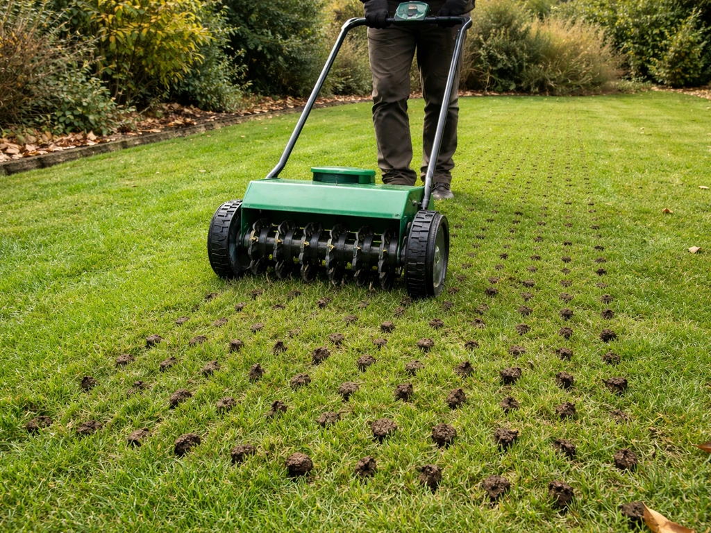 Een tuinier werkt met een gazonbeluchter met holle tanden op een gazon in de herfst