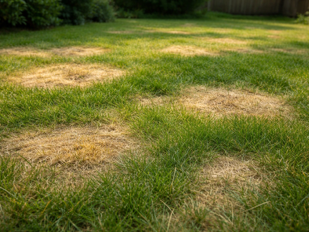 Ongelijk gazon met ronde gele en bruine plekken en dichter, groener gras ertussen.