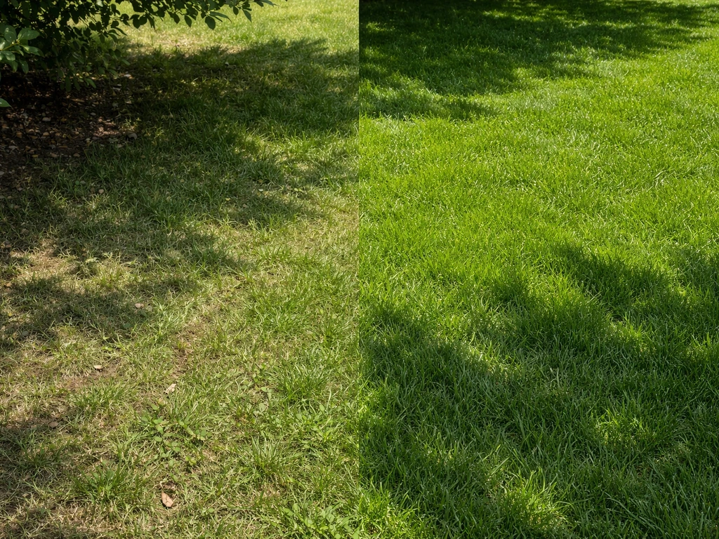 Vergelijking van gazon: ijler gras in schaduw naast boom/schutting tegenover dichter gras in volle zon.
