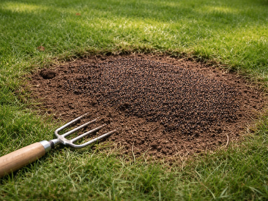 Close-up van een kale plek in het gazon, tuinvork die grond losmaakt en herstelzaad/zaaisellaag zichtbaar.