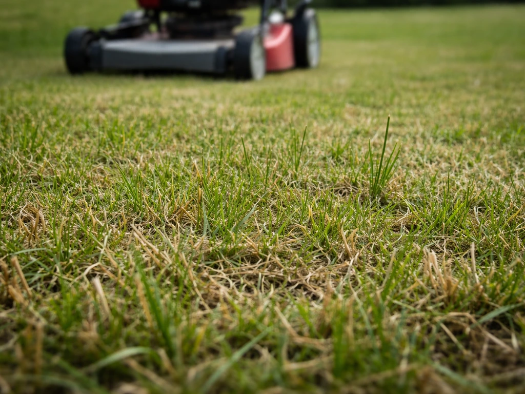 Te laag gemaaid gazon met zichtbaar gestrest gras en opkomende harde stengels na de maaibeurt.