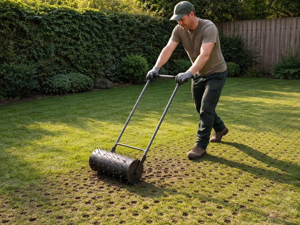 Tuinman belucht een verdicht gazon met een beluchter en zichtbare prikgaten in de grond