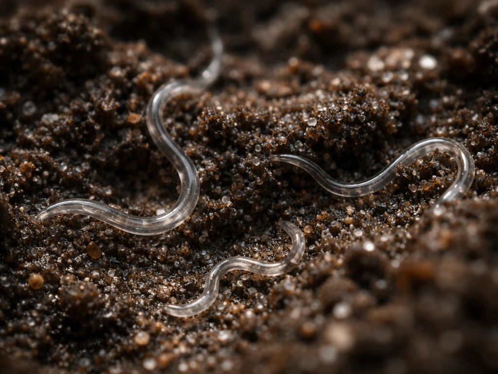 Fotorealistische close-up van microscopisch kleine aaltjes die door vochtige tuingrond kruipen.