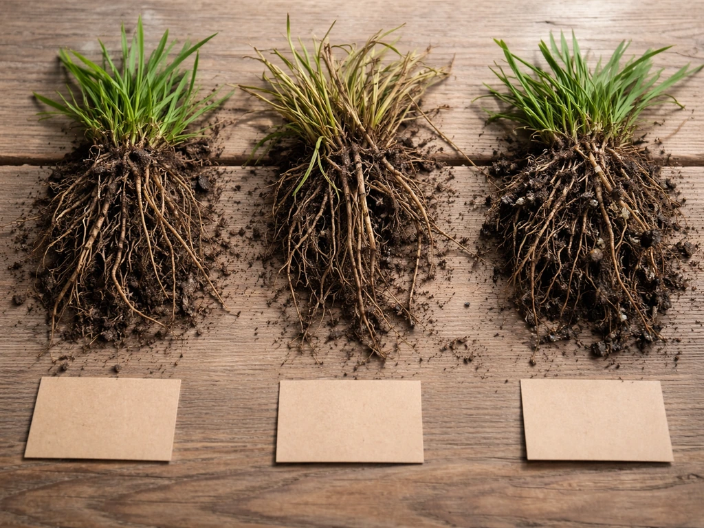 Drie uitgegraven graswortels naast elkaar op potgrond, elk duidelijk anders van kleur en schade door verschillende oorza