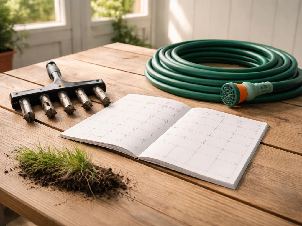 Kalender op tafel met beluchtingswerktuig, tuinsproeier en uitgegraven graswortel als praktische start voor vier weken.
