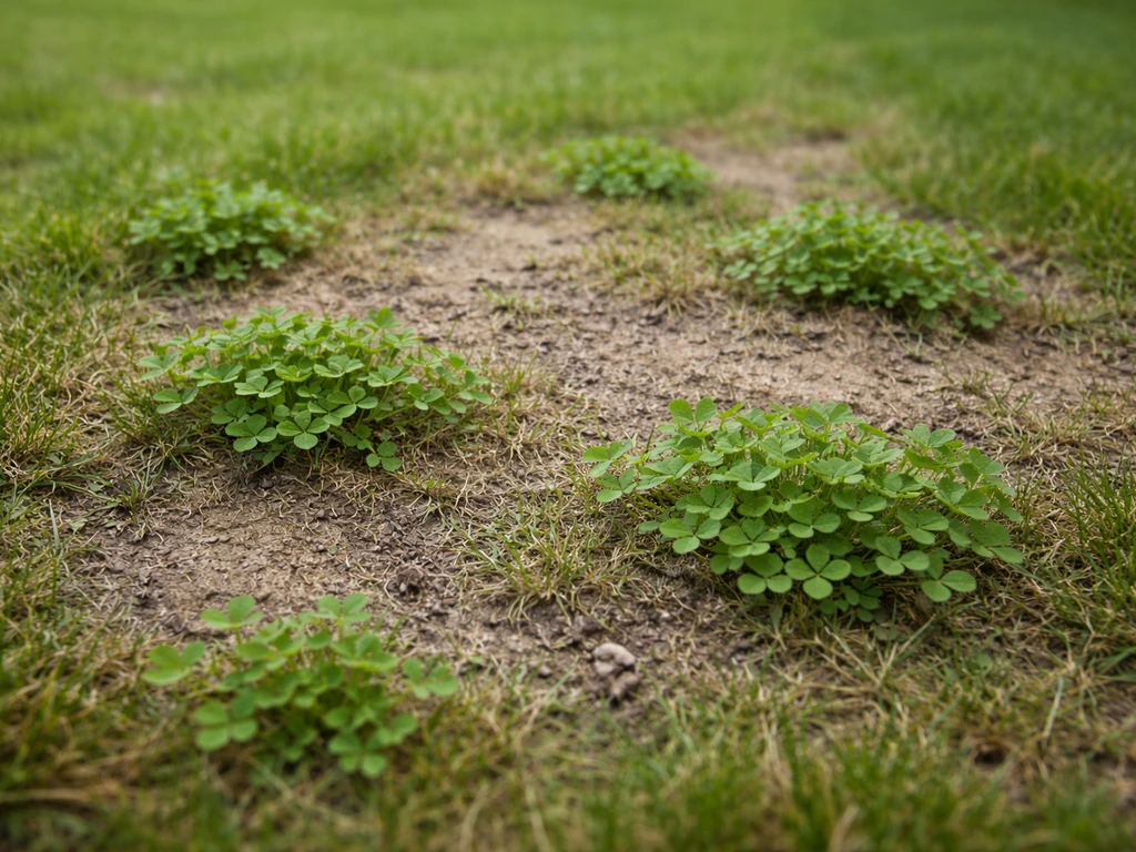 Kleverplekken in een gazon waar het gras is weggevallen, met open aarde en jonge klaver in het lichtgroen.