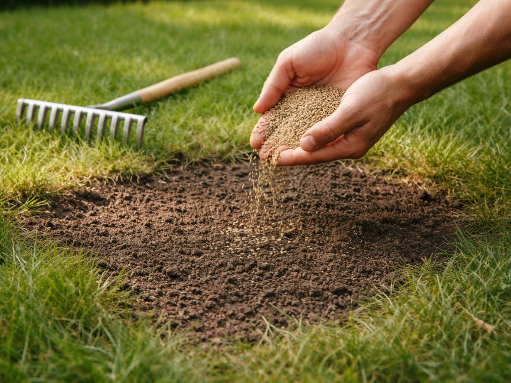Hand met graszaad strooit over kale plek in een gazon, met een lichte hark in de buurt.