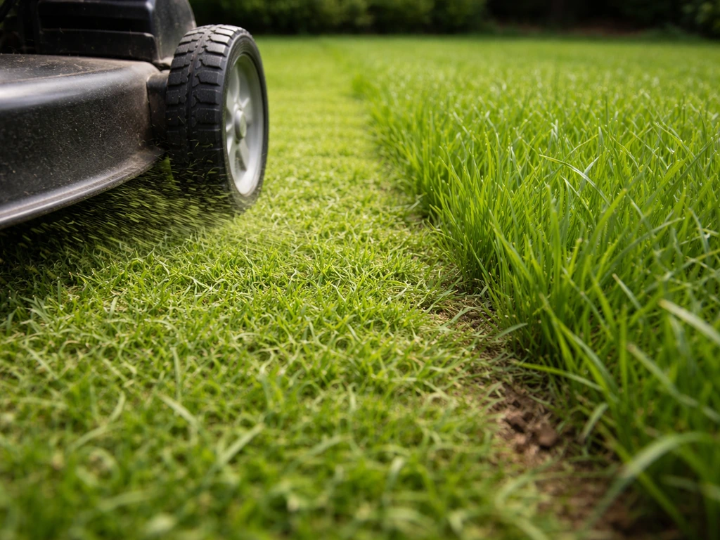 Gazonschnitt: maaien op ca. 4 cm, korte graspollen en ingekort gras in een rustige tuin.