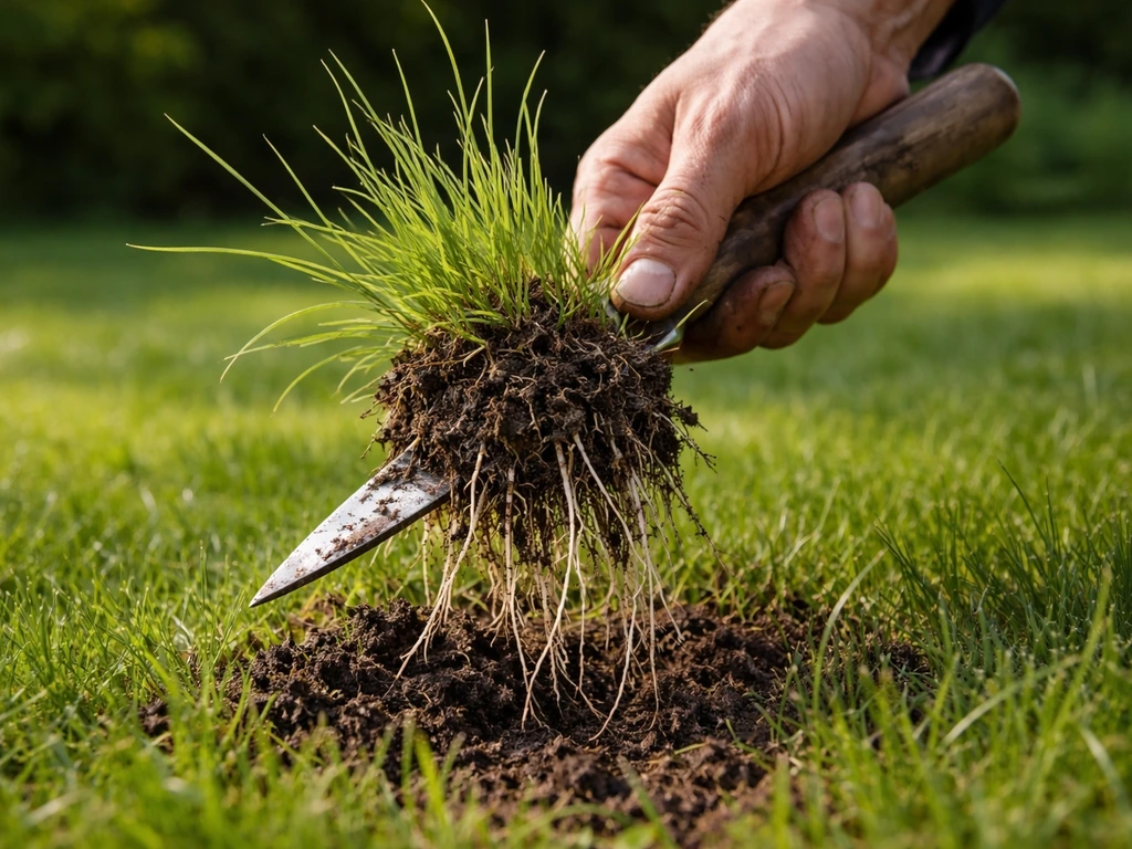 Handen en steekschop die een pollen met wortels uit het gazon halen