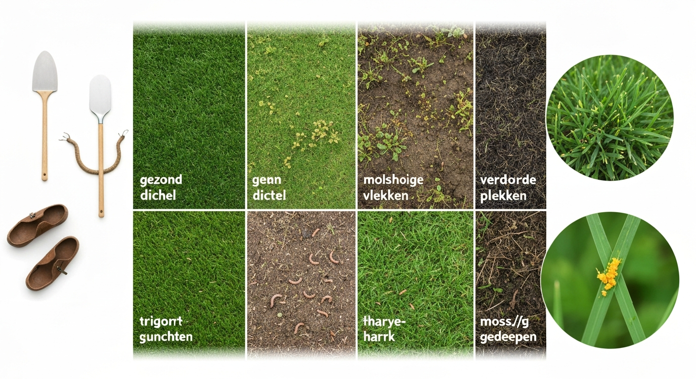 Nederlandse achtertuin met gazon waarin verschillende problemen zichtbaar zijn: gezonde delen, gele vlekken, molshopen en mos; voorgrond met tuinhandschoenen en close-up van oranje roest op een grasblad.