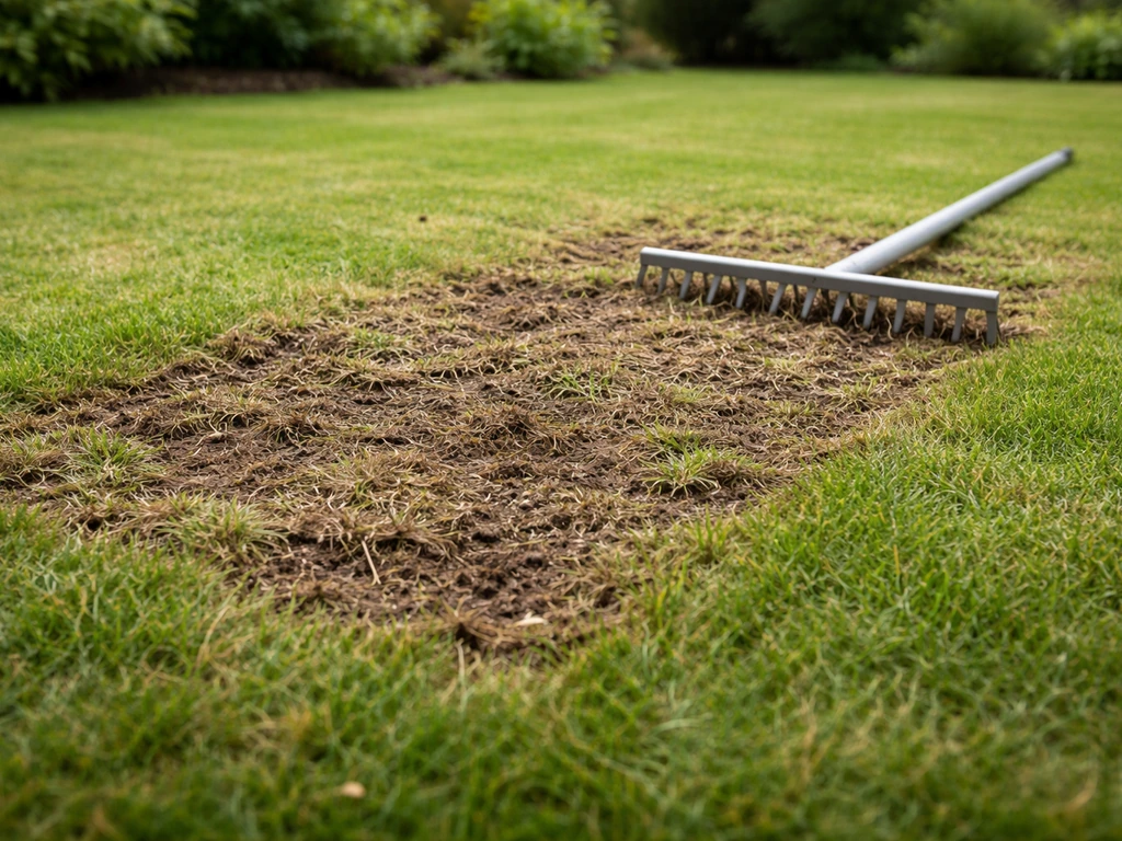 Kort gemaaid gazon met zichtbare krab-/freeshulp in de toplaag, hark die zaadcontact met de grond voorbereidt.