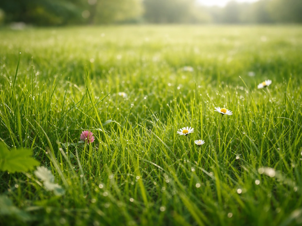 Hoog ingestelde maaihoogte op een gazon met jonge gras- en bloemkiemen tussen het groen.