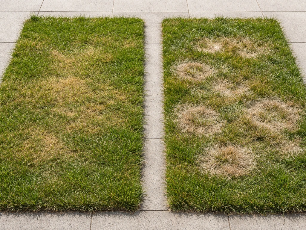Links geelbruine droogteschade en rechts geelbruine schimmelplek op gras, twee vakken naast elkaar.