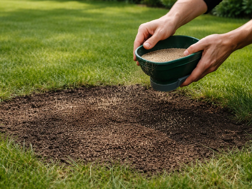 Handen die graszaad doorzaaien op een kale plek in het gazon, net licht afgedekt, in natuurlijk daglicht.