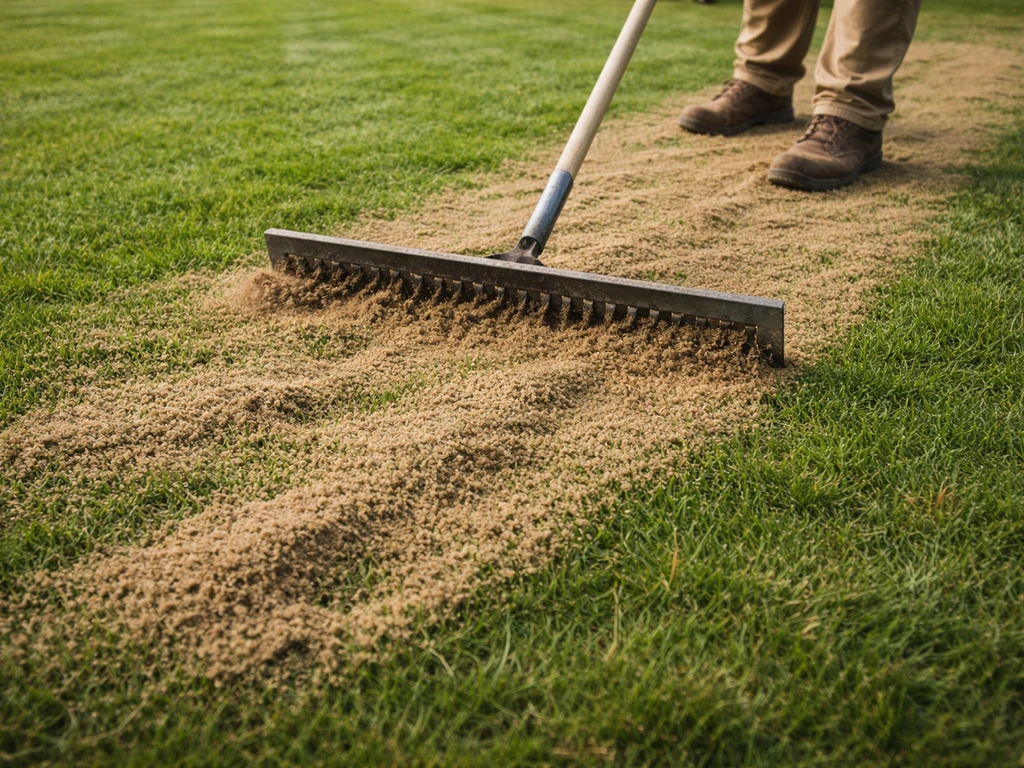 Close-up van topdressingzand dat met een hark over het gazon wordt verdeeld en in kleine kuiltjes zakt.